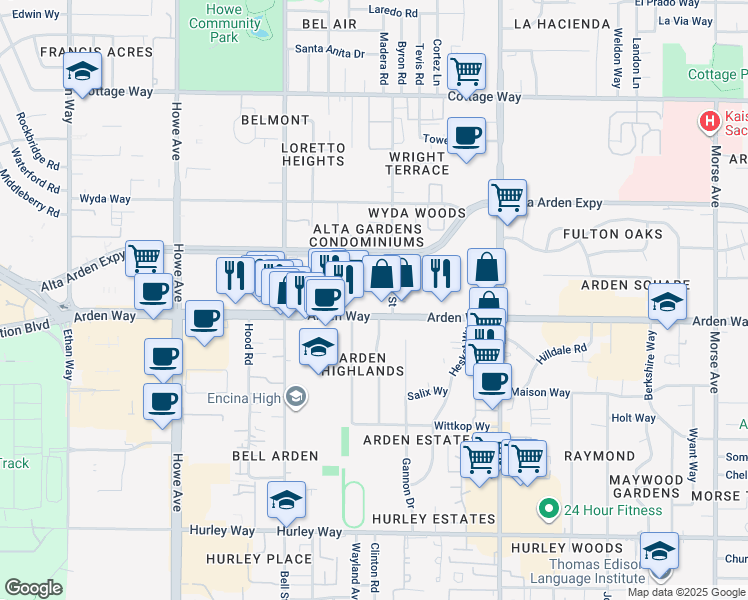 map of restaurants, bars, coffee shops, grocery stores, and more near 2387 Arden Way in Sacramento