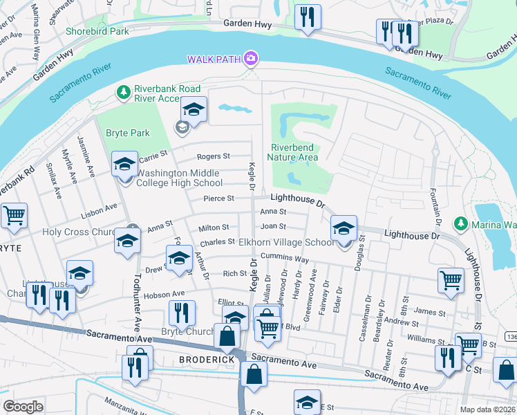 map of restaurants, bars, coffee shops, grocery stores, and more near 954 Anna Street in West Sacramento