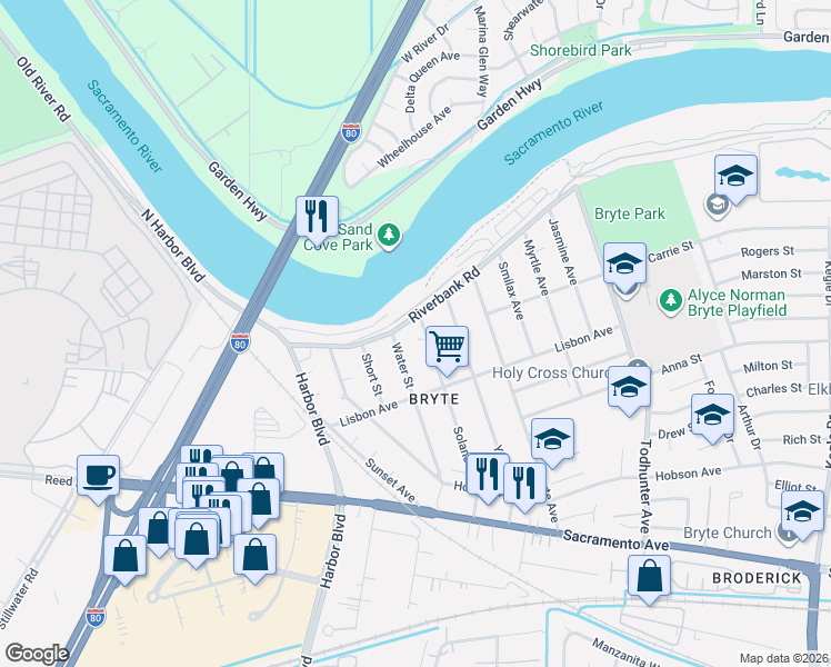 map of restaurants, bars, coffee shops, grocery stores, and more near 532 Solano Street in West Sacramento