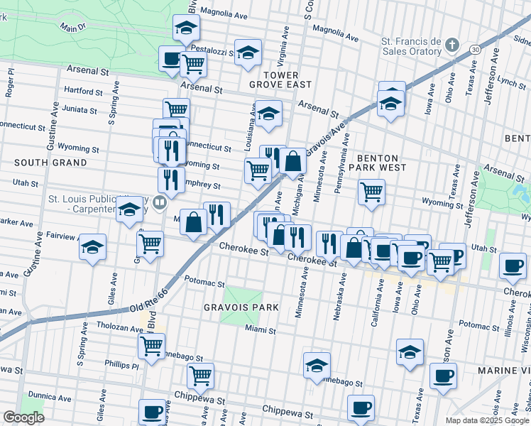 map of restaurants, bars, coffee shops, grocery stores, and more near 3212 Utah Street in St. Louis