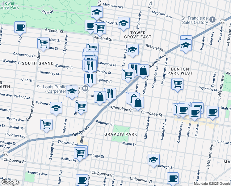 map of restaurants, bars, coffee shops, grocery stores, and more near 3426 Utah Street in St. Louis