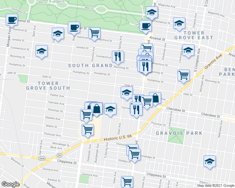 map of restaurants, bars, coffee shops, grocery stores, and more near 3701 McDonald Avenue in St. Louis