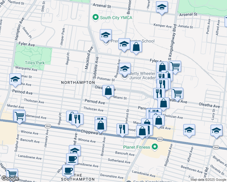 map of restaurants, bars, coffee shops, grocery stores, and more near 5046 Oleatha Avenue in St. Louis