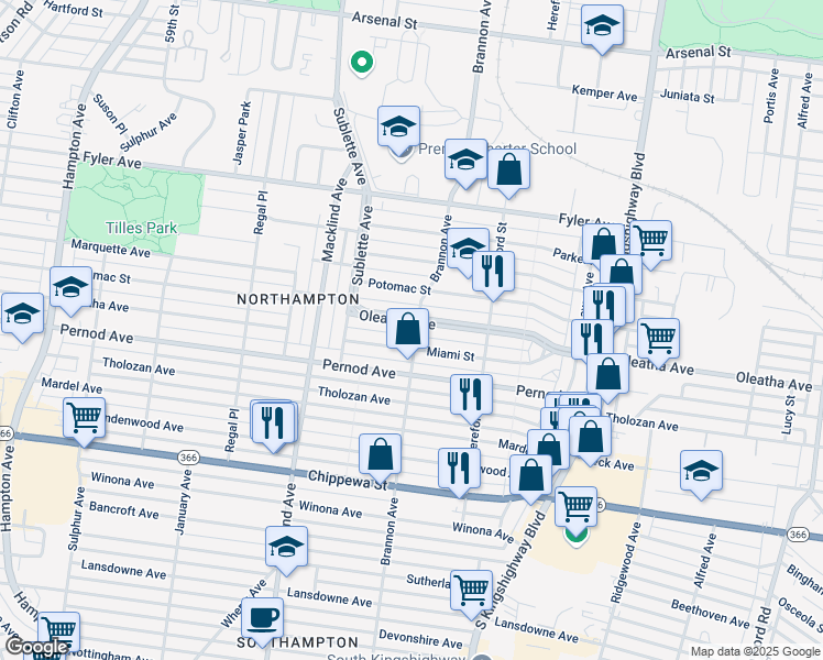 map of restaurants, bars, coffee shops, grocery stores, and more near 5208-5210 Oleatha Avenue in St. Louis