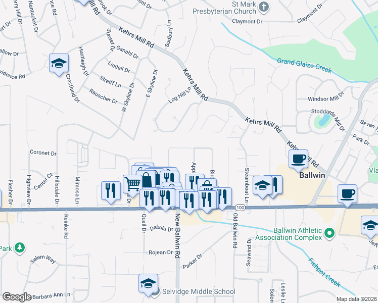 map of restaurants, bars, coffee shops, grocery stores, and more near 127 Applegate Lane in Ballwin