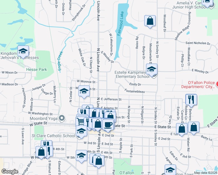 map of restaurants, bars, coffee shops, grocery stores, and more near 110 East Madison Street in O'Fallon