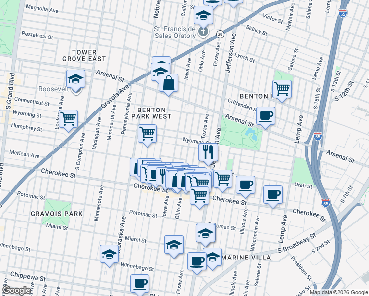 map of restaurants, bars, coffee shops, grocery stores, and more near 3226 Iowa Avenue in St. Louis