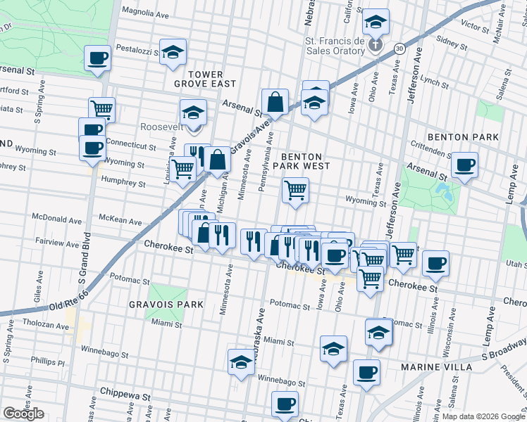 map of restaurants, bars, coffee shops, grocery stores, and more near 3242 Pennsylvania Avenue in St. Louis