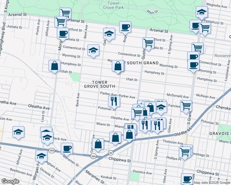 map of restaurants, bars, coffee shops, grocery stores, and more near 3357 Roger Place in St. Louis