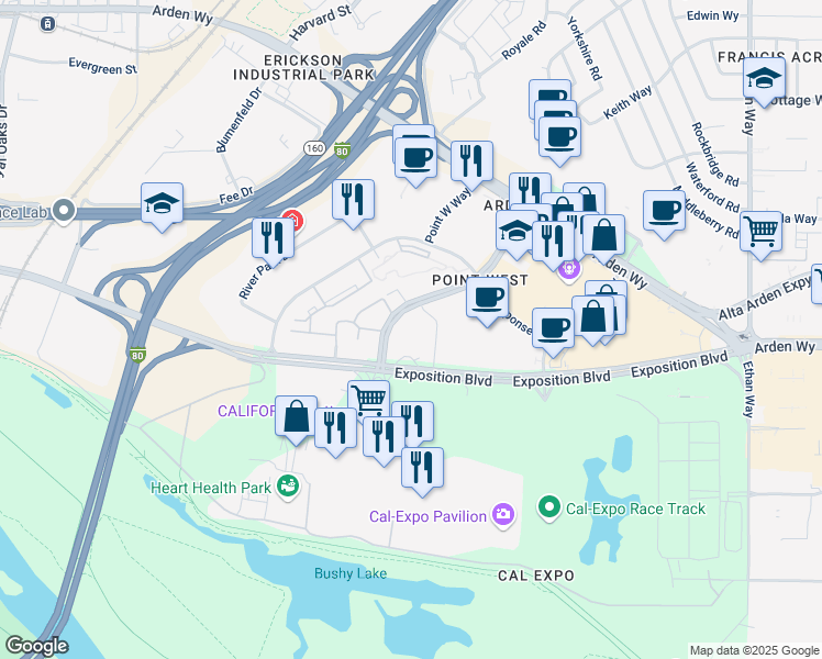 map of restaurants, bars, coffee shops, grocery stores, and more near 1601 Exposition Boulevard in Sacramento