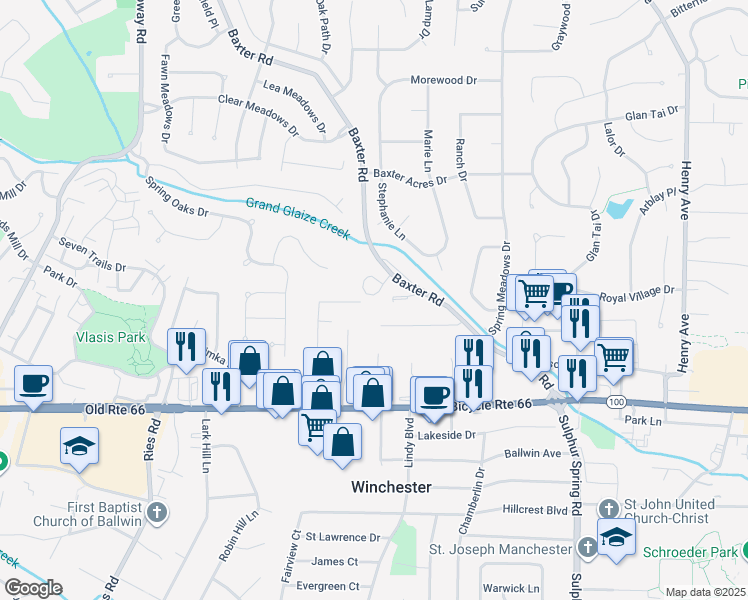 map of restaurants, bars, coffee shops, grocery stores, and more near 136 Baxter Heights Court in Ballwin