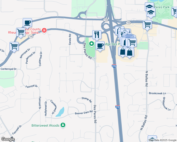 map of restaurants, bars, coffee shops, grocery stores, and more near 12811 Pelham Estates Drive in Des Peres
