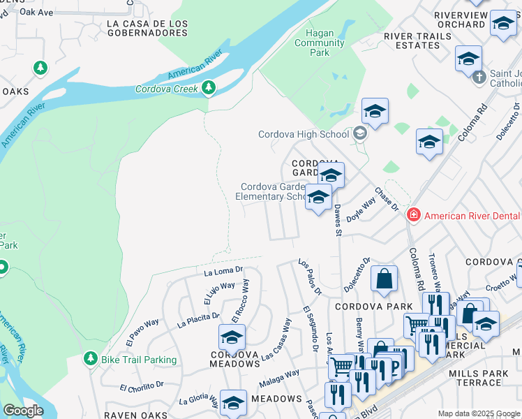 map of restaurants, bars, coffee shops, grocery stores, and more near 2304 Moraine Circle in Rancho Cordova