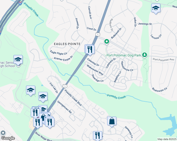 map of restaurants, bars, coffee shops, grocery stores, and more near 2827 Wakewater Way in Woodbridge