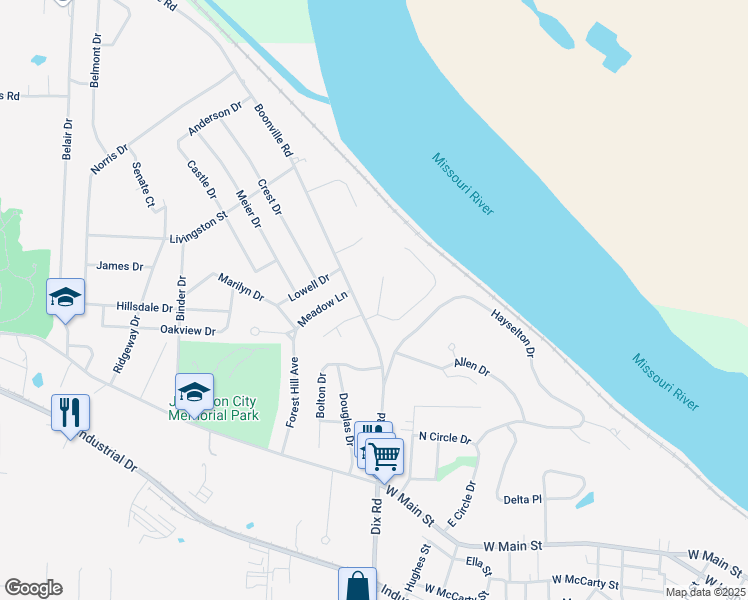 map of restaurants, bars, coffee shops, grocery stores, and more near 1914 Summers Way in Jefferson City