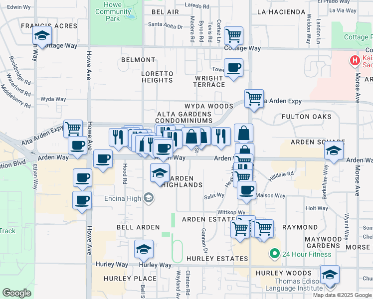 map of restaurants, bars, coffee shops, grocery stores, and more near 2387 Arden Way in Sacramento