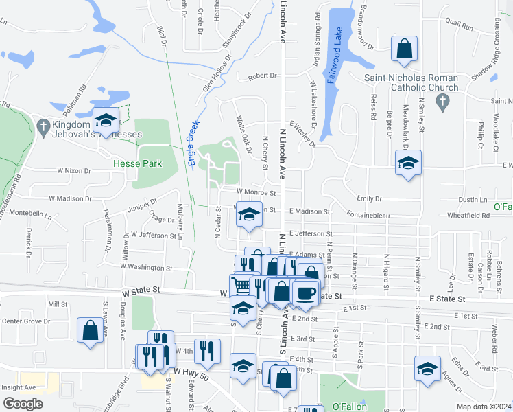 map of restaurants, bars, coffee shops, grocery stores, and more near 501 North Cherry Street in O'Fallon