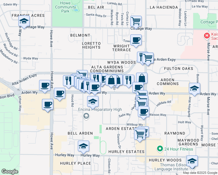 map of restaurants, bars, coffee shops, grocery stores, and more near 2387 Arden Way in Sacramento