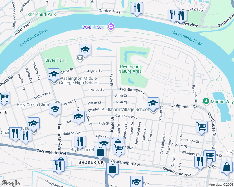 map of restaurants, bars, coffee shops, grocery stores, and more near 954 Anna Street in West Sacramento