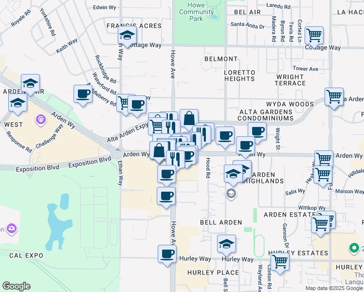 map of restaurants, bars, coffee shops, grocery stores, and more near 2201 Arden Way in Sacramento