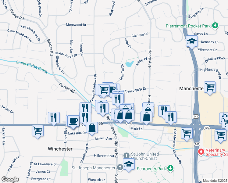 map of restaurants, bars, coffee shops, grocery stores, and more near 426 Royal Village Drive in Ballwin