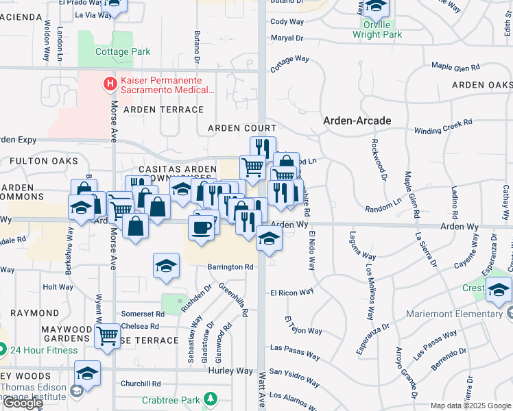 map of restaurants, bars, coffee shops, grocery stores, and more near in Arden-Arcade