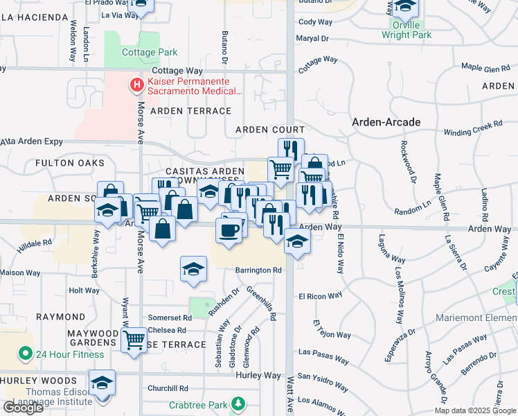 map of restaurants, bars, coffee shops, grocery stores, and more near 3383 Arden Way in Sacramento