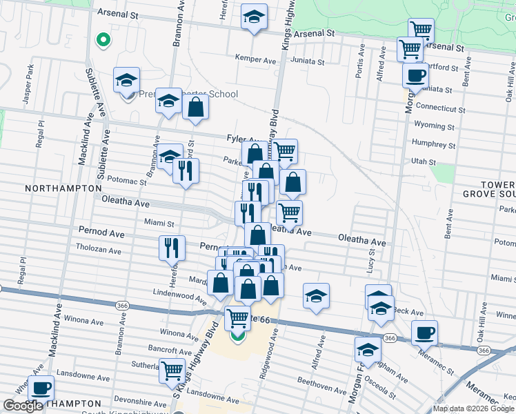 map of restaurants, bars, coffee shops, grocery stores, and more near 4900 Potomac Street in St. Louis