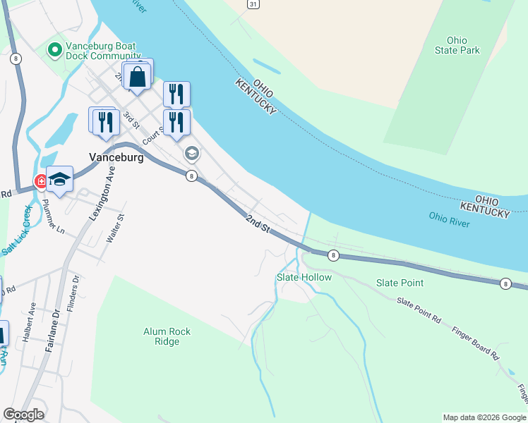 map of restaurants, bars, coffee shops, grocery stores, and more near 554 Front Street in Vanceburg