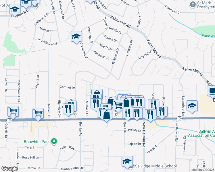 map of restaurants, bars, coffee shops, grocery stores, and more near 134 Vlasis Drive in Ballwin