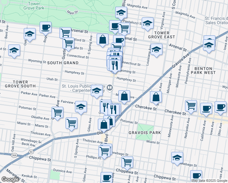 map of restaurants, bars, coffee shops, grocery stores, and more near 3322 South Grand Boulevard in St. Louis