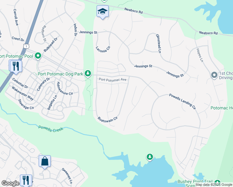 map of restaurants, bars, coffee shops, grocery stores, and more near 16369 Topsail Lane in Woodbridge