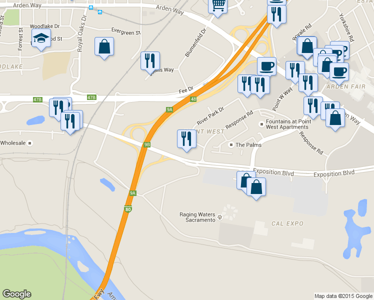 map of restaurants, bars, coffee shops, grocery stores, and more near 1301 Exposition Blvd in Sacramento