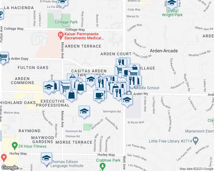 map of restaurants, bars, coffee shops, grocery stores, and more near 3337 Arden Way in Sacramento