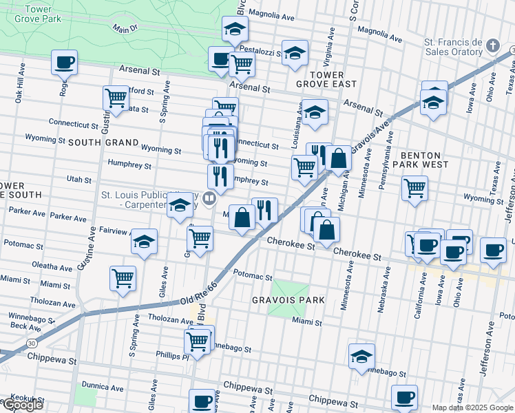 map of restaurants, bars, coffee shops, grocery stores, and more near 3426 Utah Street in St. Louis