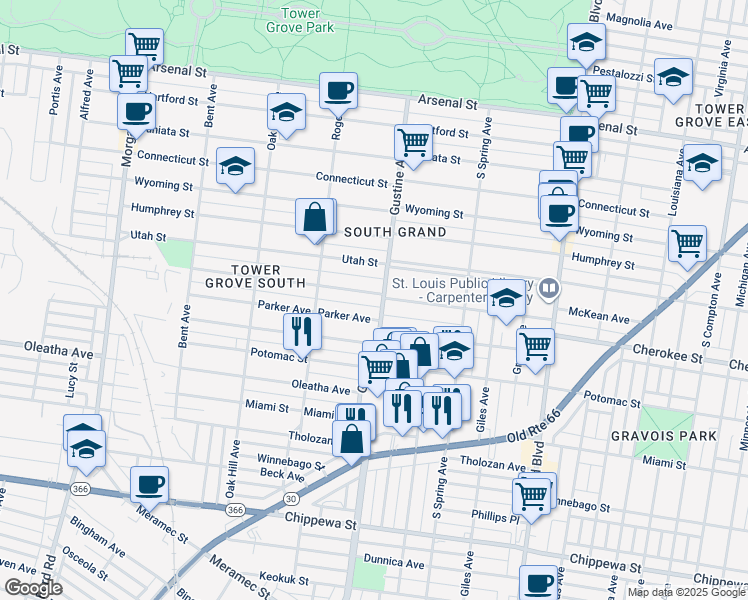 map of restaurants, bars, coffee shops, grocery stores, and more near 3890 McDonald Avenue in St. Louis