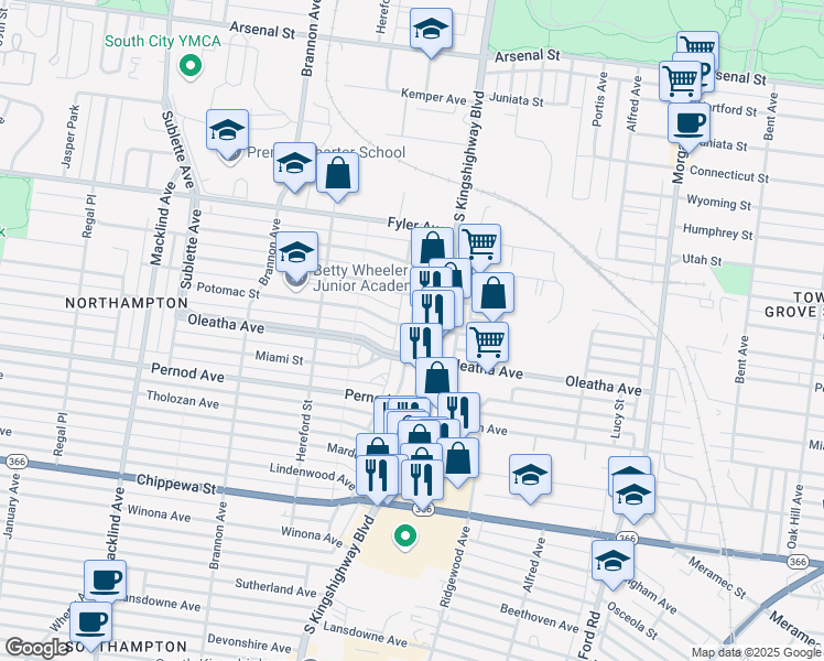 map of restaurants, bars, coffee shops, grocery stores, and more near 4900 Potomac Street in St. Louis