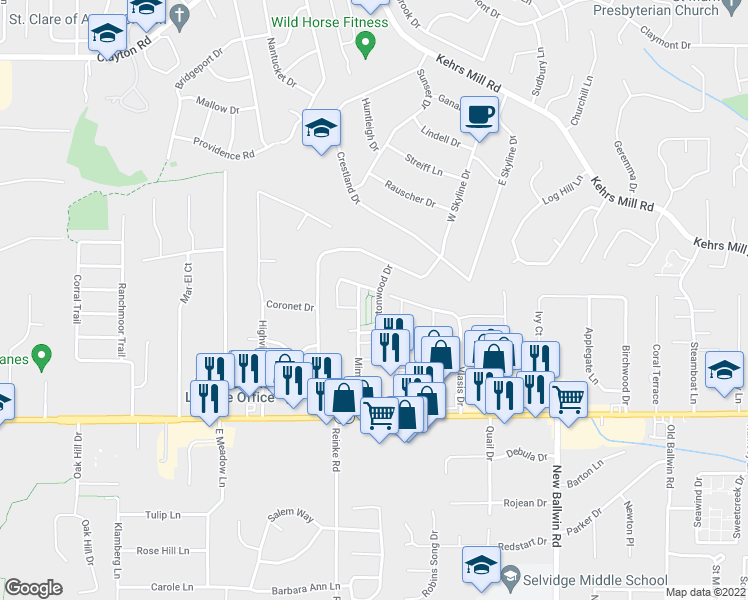 map of restaurants, bars, coffee shops, grocery stores, and more near 138 Burtonwood Drive in Ballwin