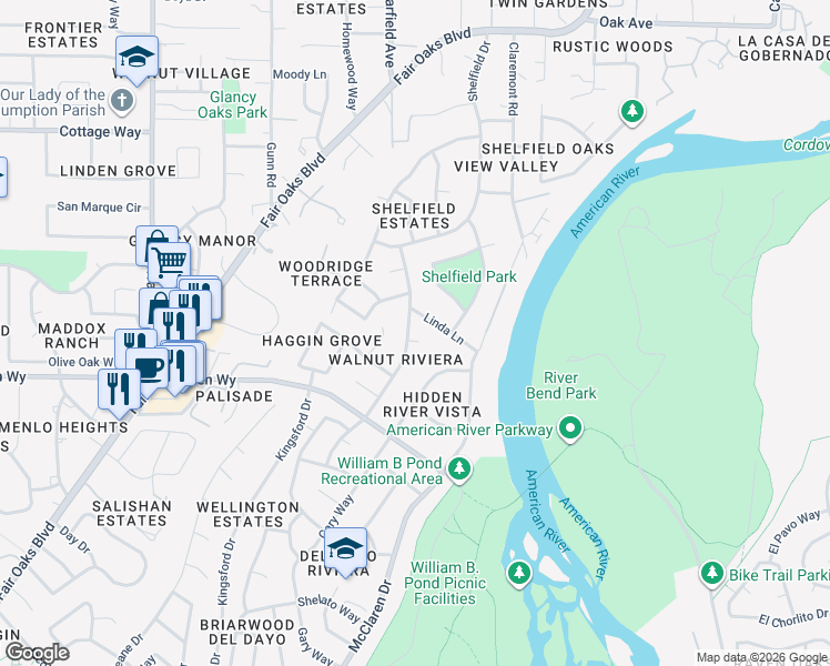 map of restaurants, bars, coffee shops, grocery stores, and more near 1733 Carmelo Drive in Carmichael