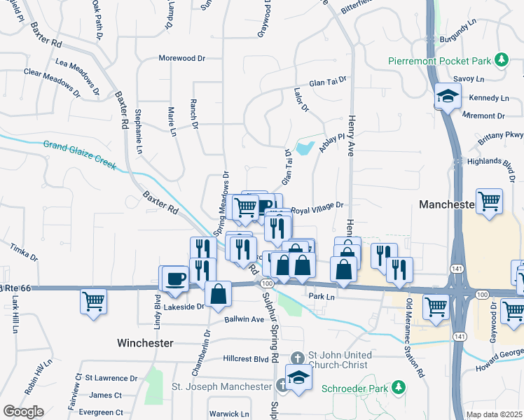 map of restaurants, bars, coffee shops, grocery stores, and more near 420 Royal Village Drive in Ballwin