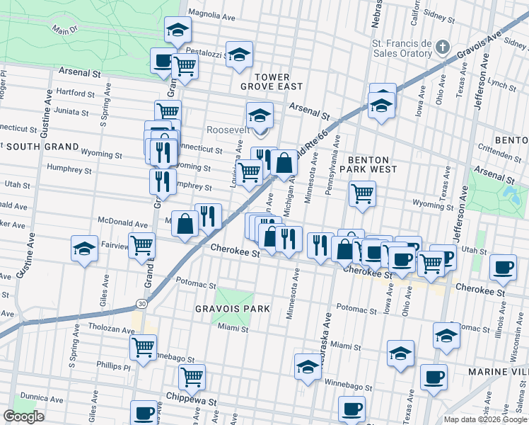 map of restaurants, bars, coffee shops, grocery stores, and more near 3212 Utah Street in St. Louis