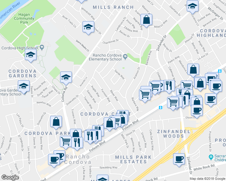 map of restaurants, bars, coffee shops, grocery stores, and more near 10553 Malaga Way in Rancho Cordova