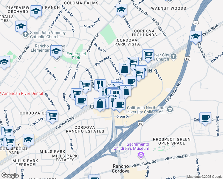 map of restaurants, bars, coffee shops, grocery stores, and more near 10701 Folsom Boulevard in Rancho Cordova