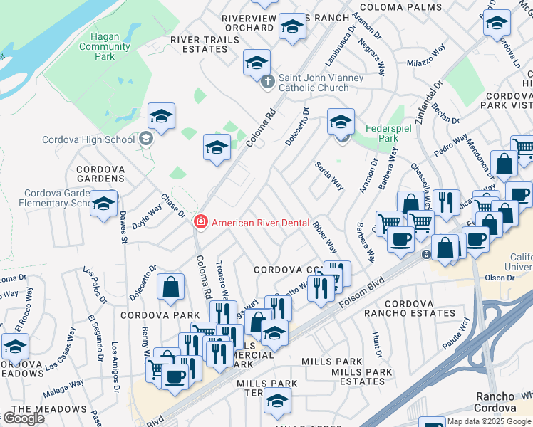 map of restaurants, bars, coffee shops, grocery stores, and more near 2530 Augibi Way in Rancho Cordova