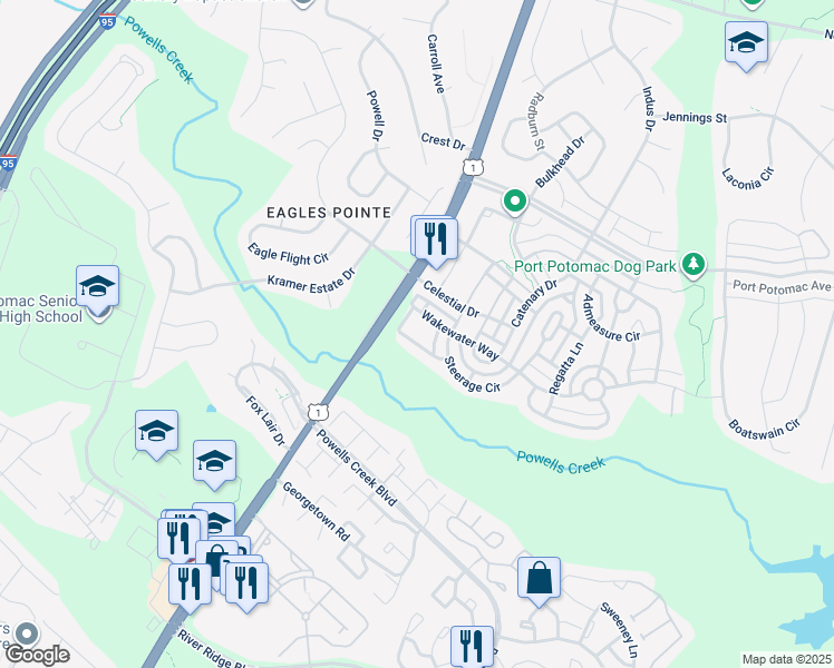 map of restaurants, bars, coffee shops, grocery stores, and more near 2815 Wakewater Way in Woodbridge