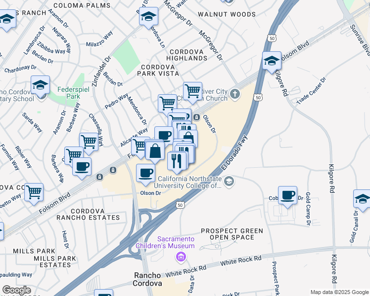 map of restaurants, bars, coffee shops, grocery stores, and more near 10899 Olson Drive in Rancho Cordova