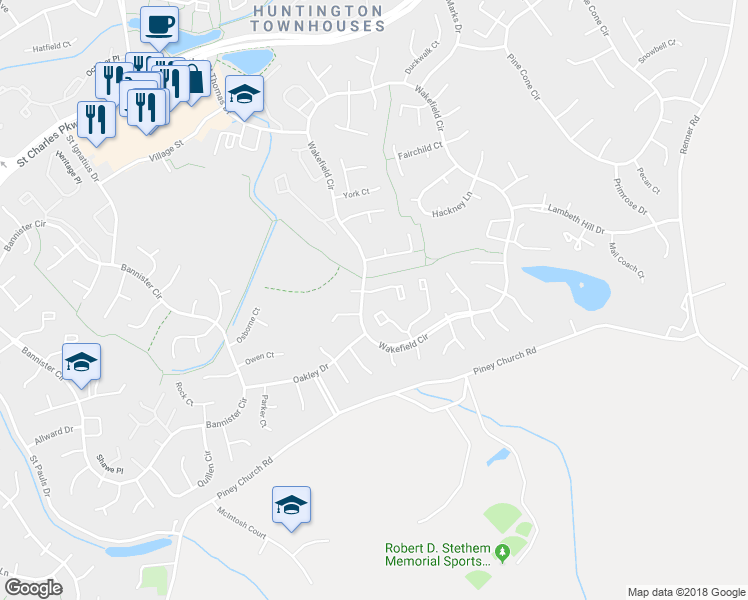 map of restaurants, bars, coffee shops, grocery stores, and more near 2589 Robinson Place in Waldorf