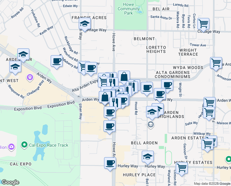 map of restaurants, bars, coffee shops, grocery stores, and more near 1750 Howe Avenue in Sacramento