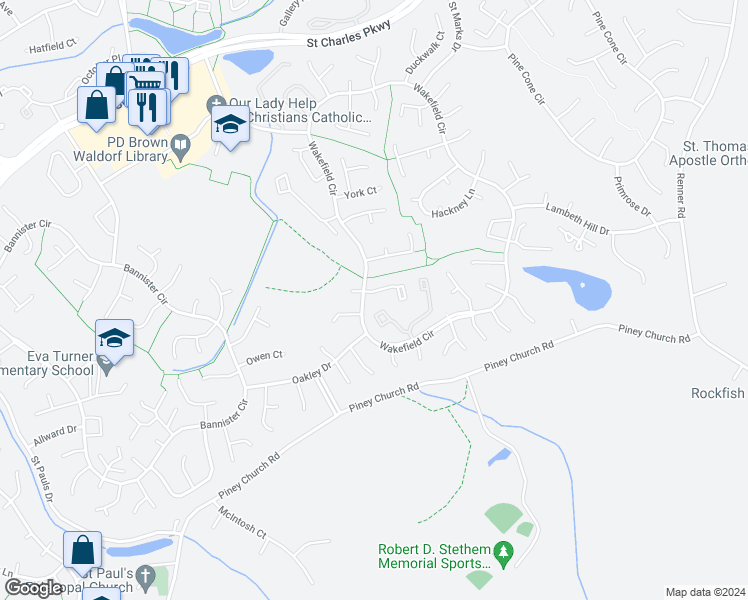 map of restaurants, bars, coffee shops, grocery stores, and more near 2591 Robinson Place in Waldorf
