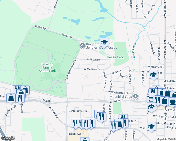 map of restaurants, bars, coffee shops, grocery stores, and more near 907 West Madison Street in O'Fallon